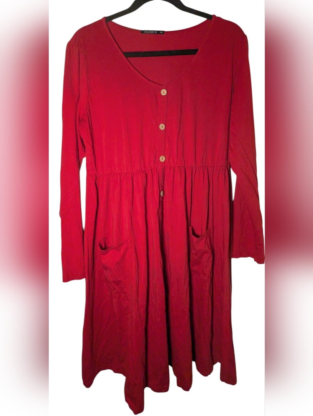 OUGES XXL Red Long Sleeve Button Front Dress with Pockets Stretch